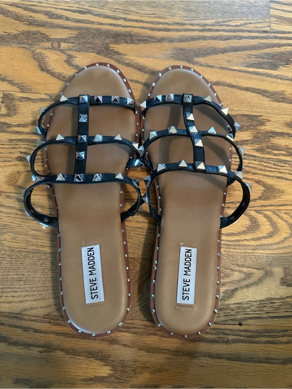 Steve Madden Black Strappy Studded Slide Sandals with Tan Footbed